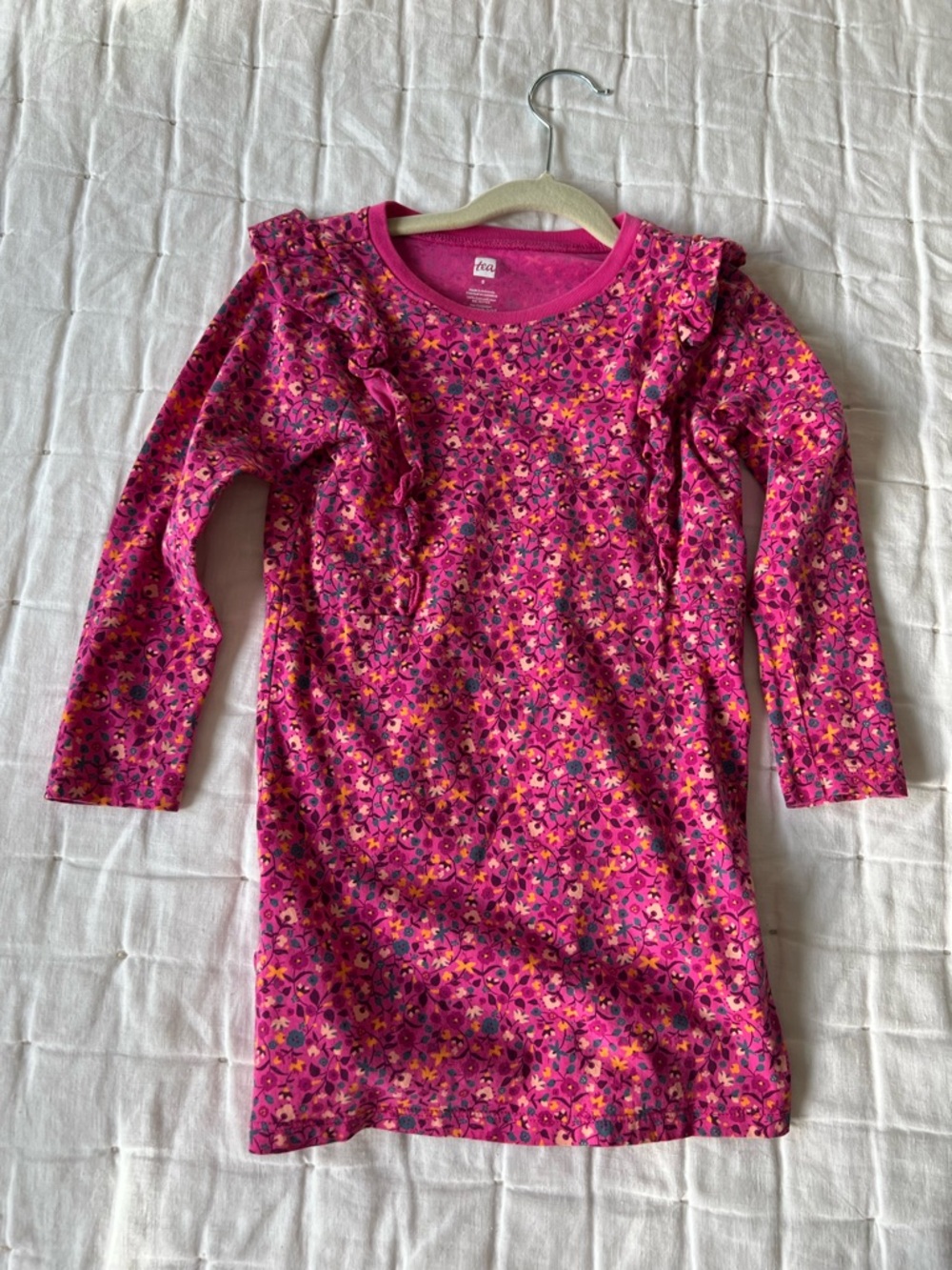 Tea Girls' Pink Floral Ruffle Long-Sleeve shirt dress